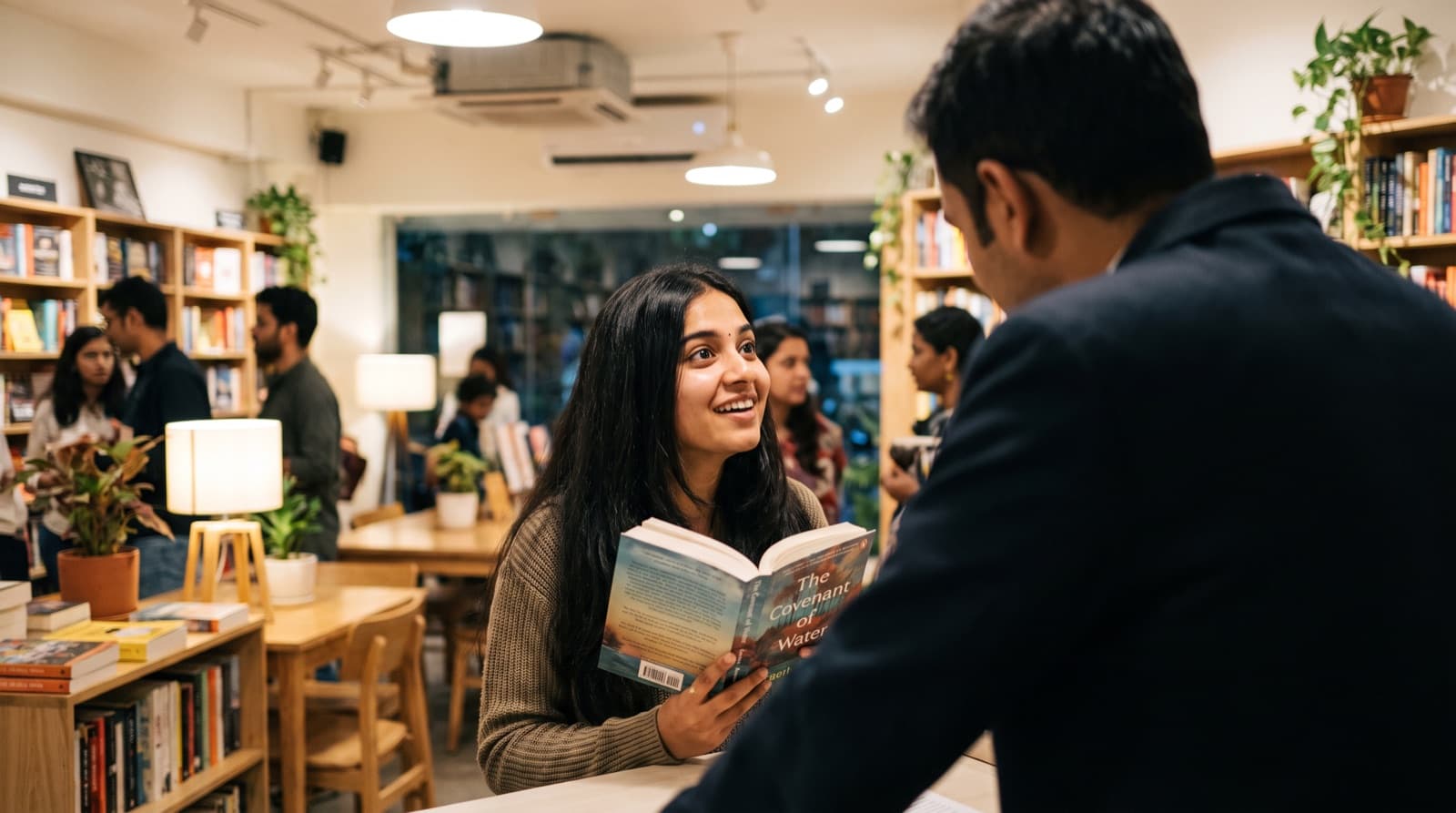 A woman holding a book in a cafe, smiling at someone off camera