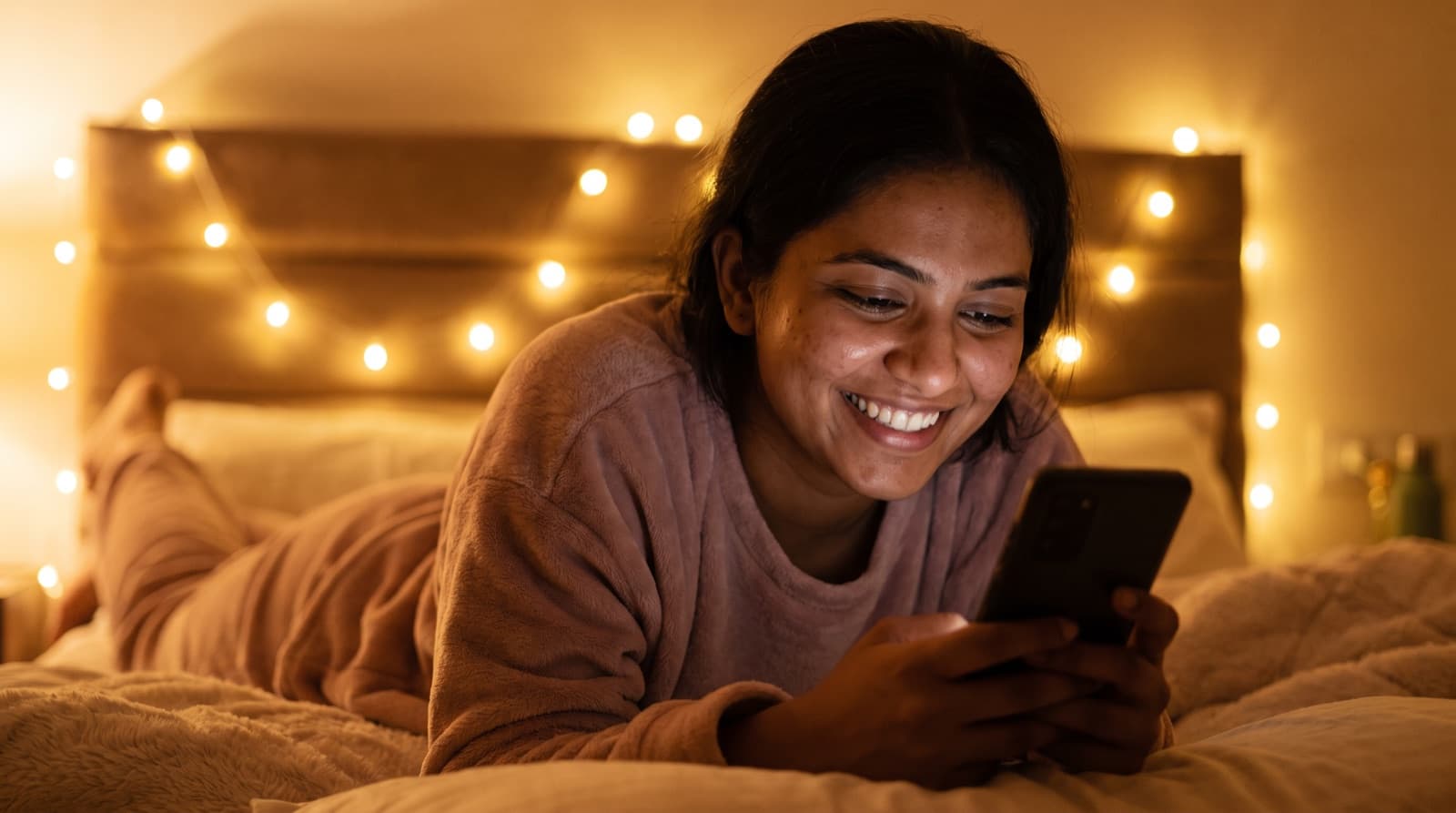 A woman lying on her bed at night smiling at her phone