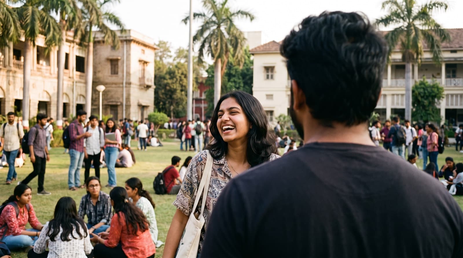 A woman laughing while talking on a college lawn