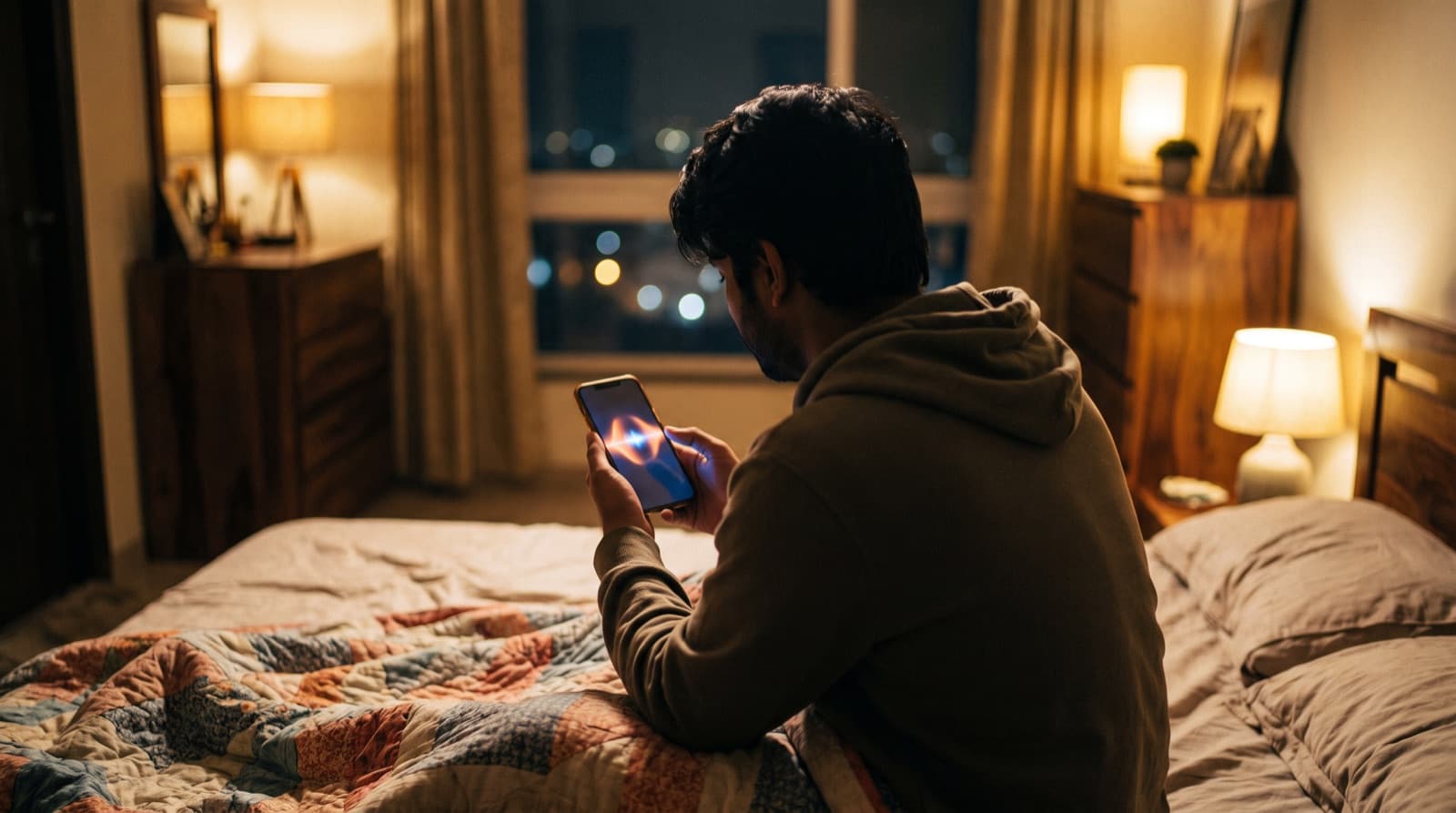 Raat mein bed par baitha ladka, haath mein chamakta hua phone
