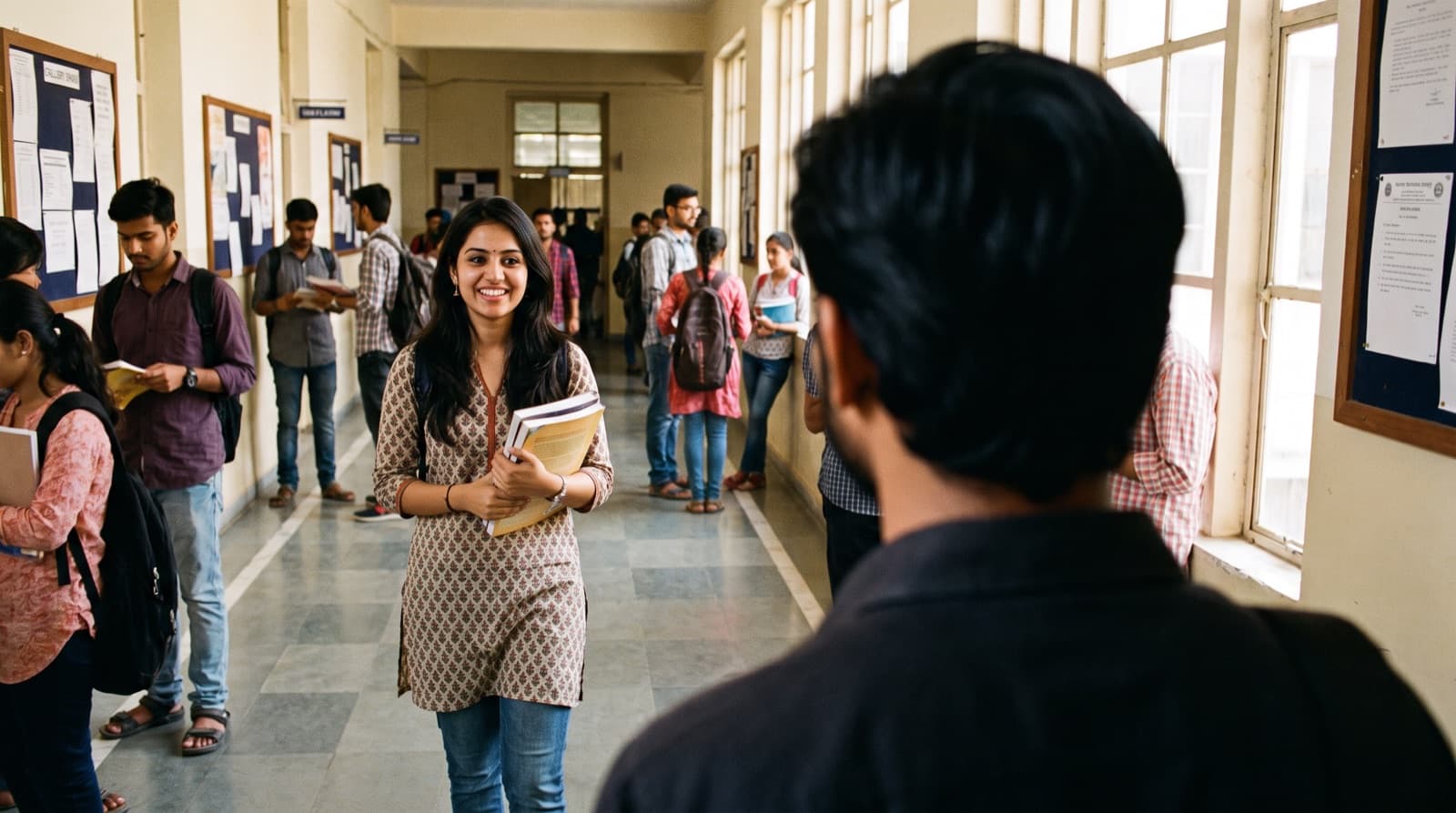 College corridor mein kitaabein pakde muskurati hui ladki, ek ladke se baat karte hue