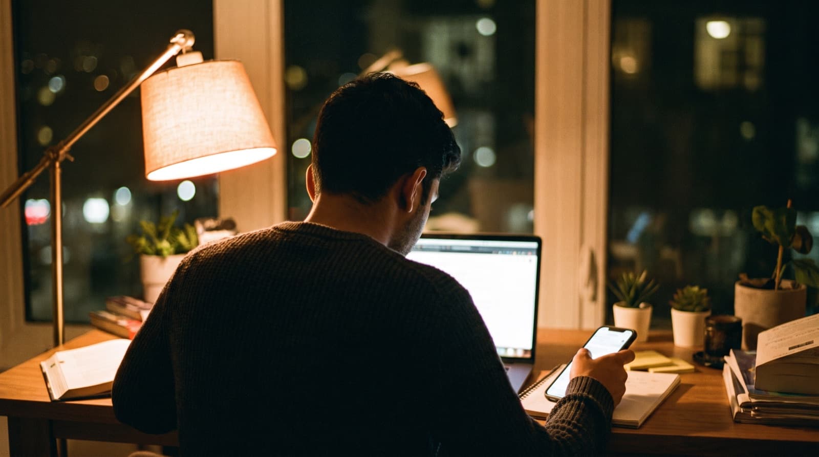 Raat mein desk par laptop aur phone ke saath baitha ladka