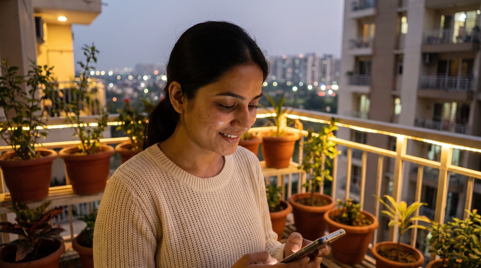 Shaam ko balcony par phone pe message padh ke sharmati hui ladki