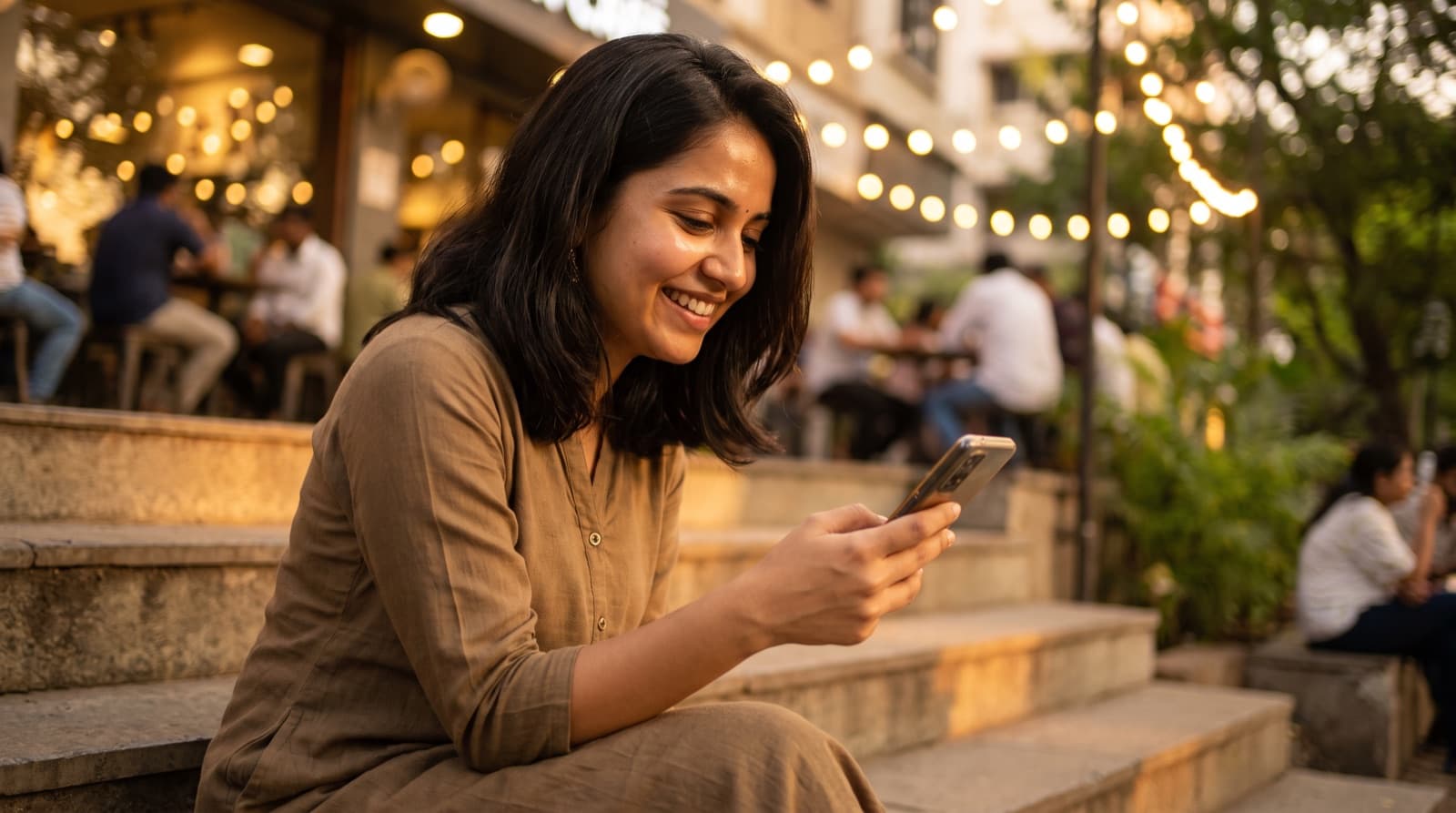 A woman sitting on cafe steps in the evening, smiling at a message