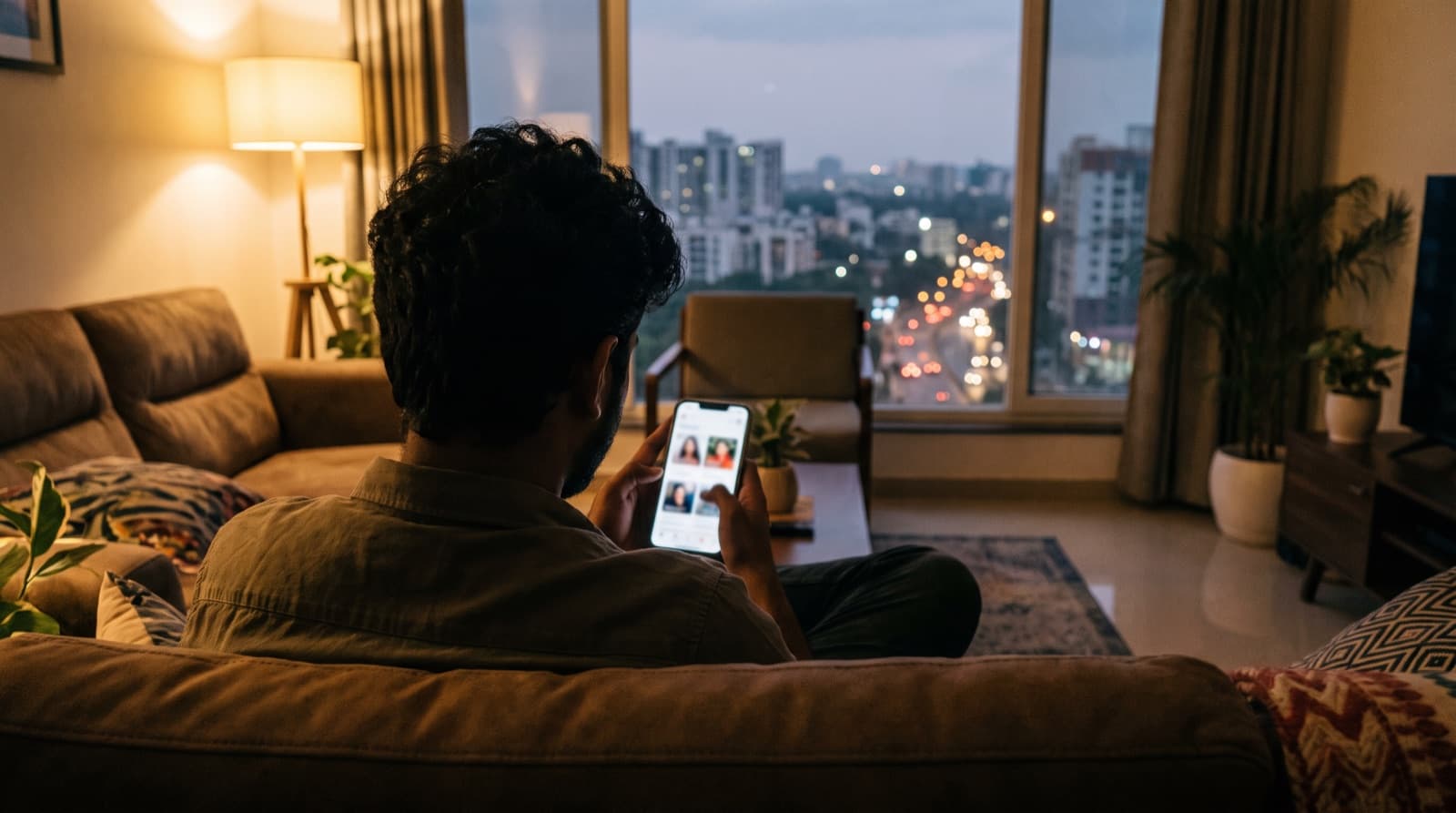 A young man on a sofa at dusk, scrolling a dating app on his phone