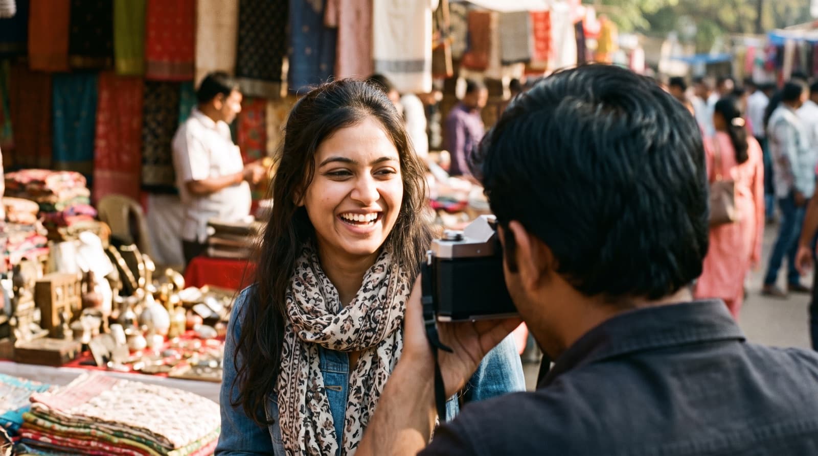 A woman laughing at a flea market on a first date