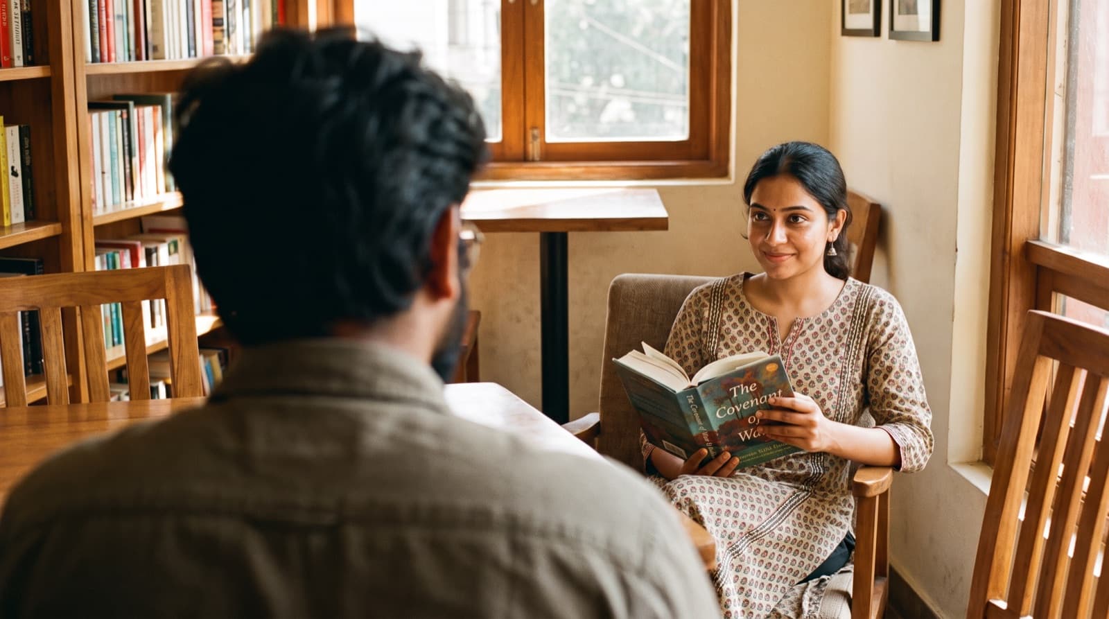 A woman reading in a quiet bookstore cafe, glancing up with a soft smile