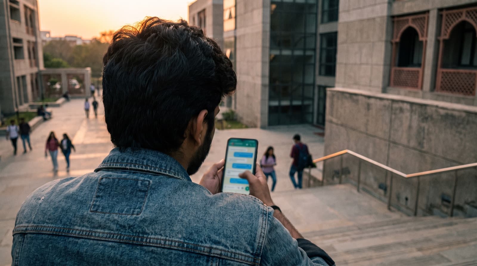 A young man seen from behind on college steps, puzzled by a chat on his phone