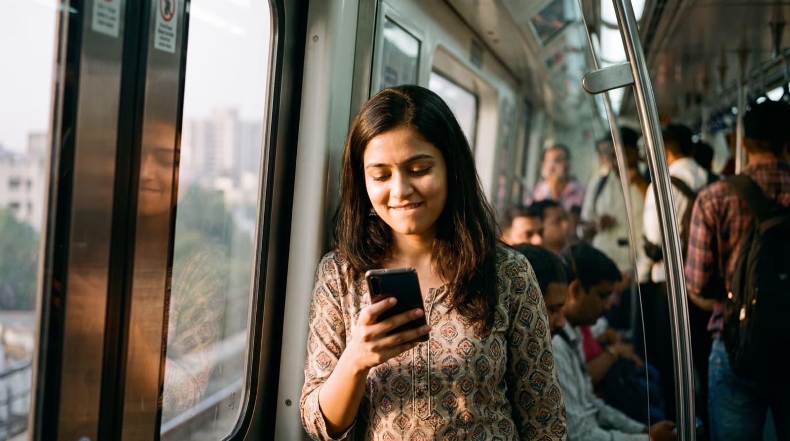 A woman reading her phone on a metro