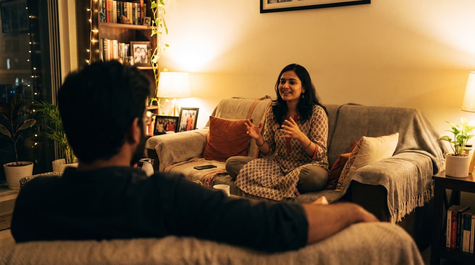 A couple talking on a sofa at night