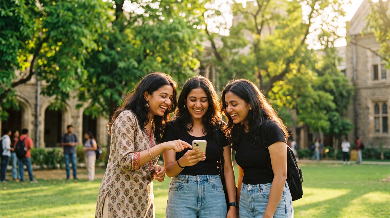 Three young Indian women laughing over one phone on a college lawn