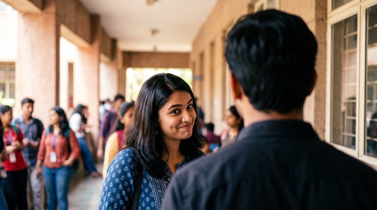 A woman smiling playfully in a college corridor