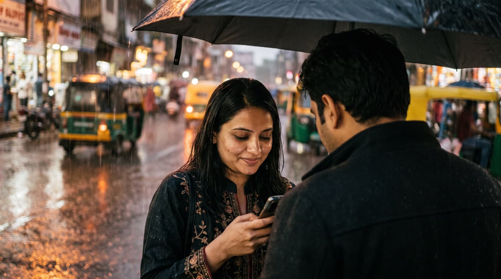 A woman looking at her phone under a shared umbrella in the rain