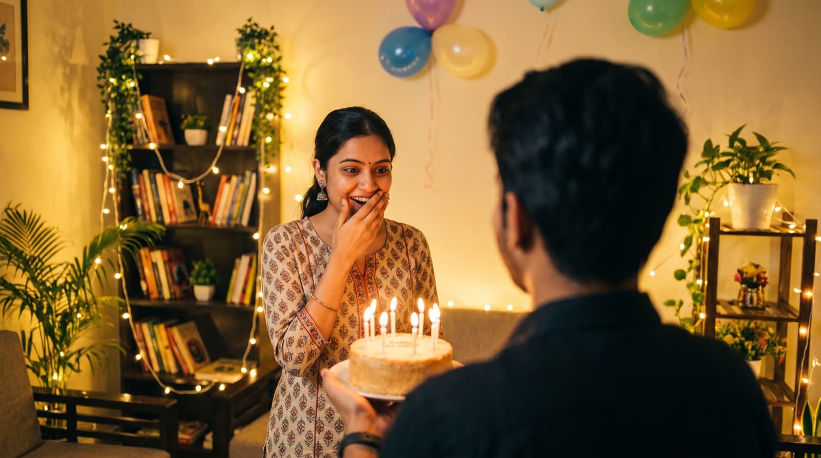 A woman surprised by a birthday cake with candles in a room lit with fairy lights
