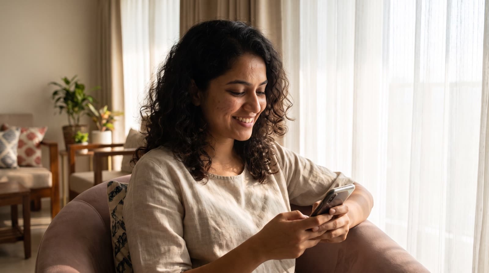 A woman by a window smiling at a sweet message on her phone