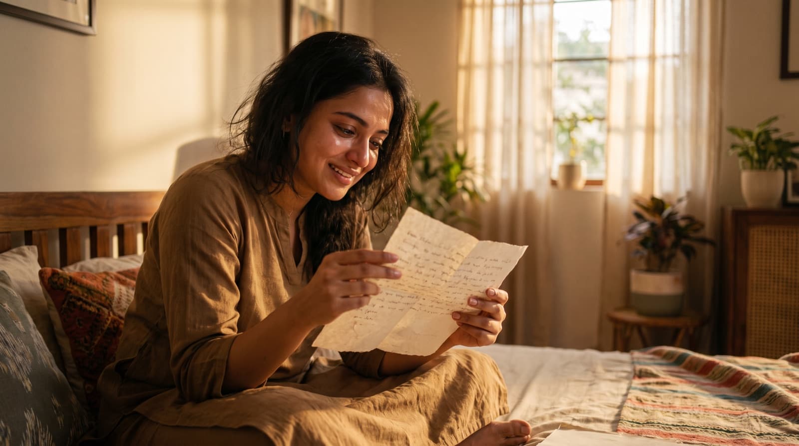 A woman reading a handwritten love letter