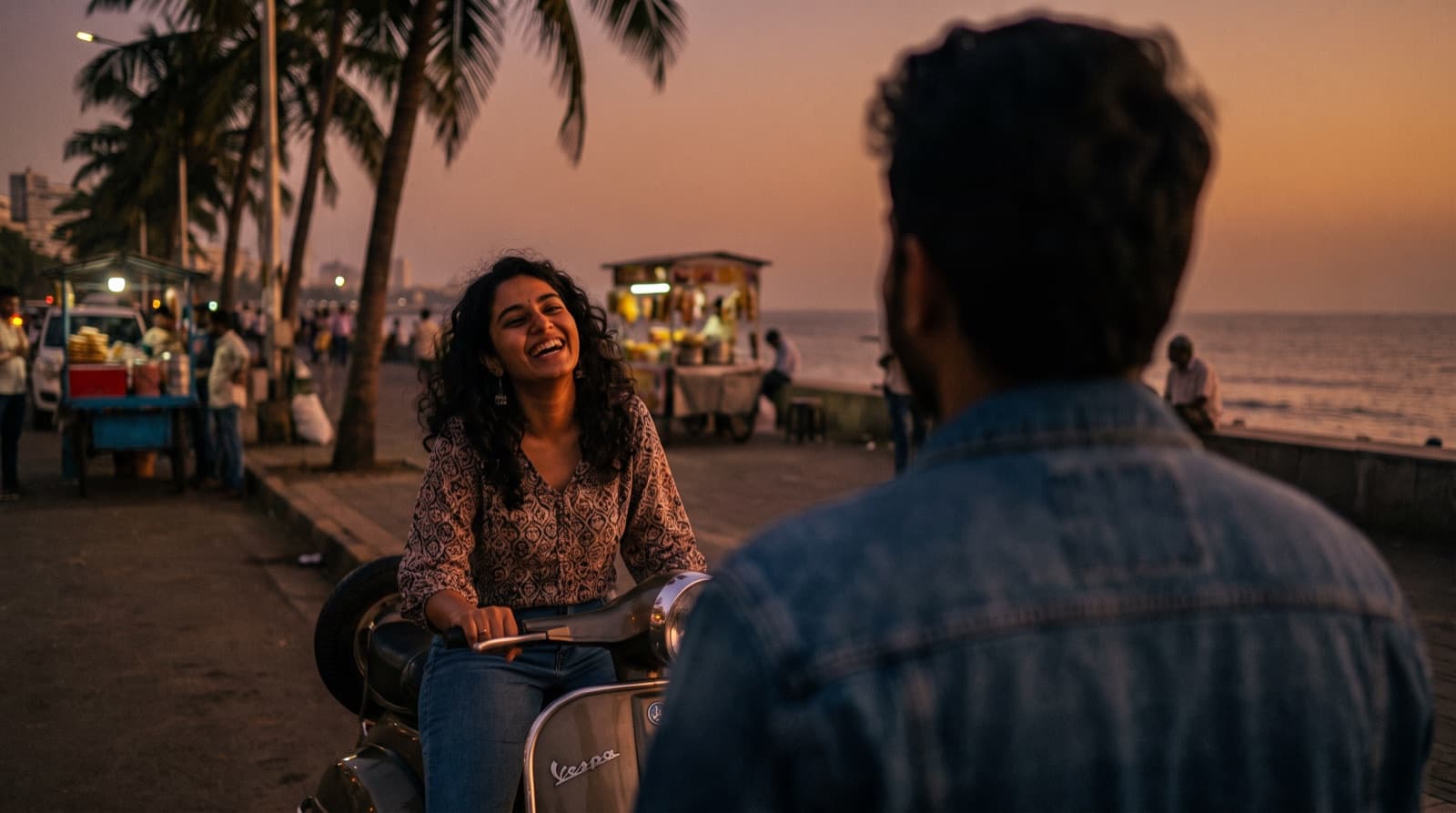 A woman giggling on a scooter by the sea promenade